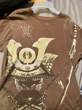 Brown Samurai Graphic Tee with Gold Print